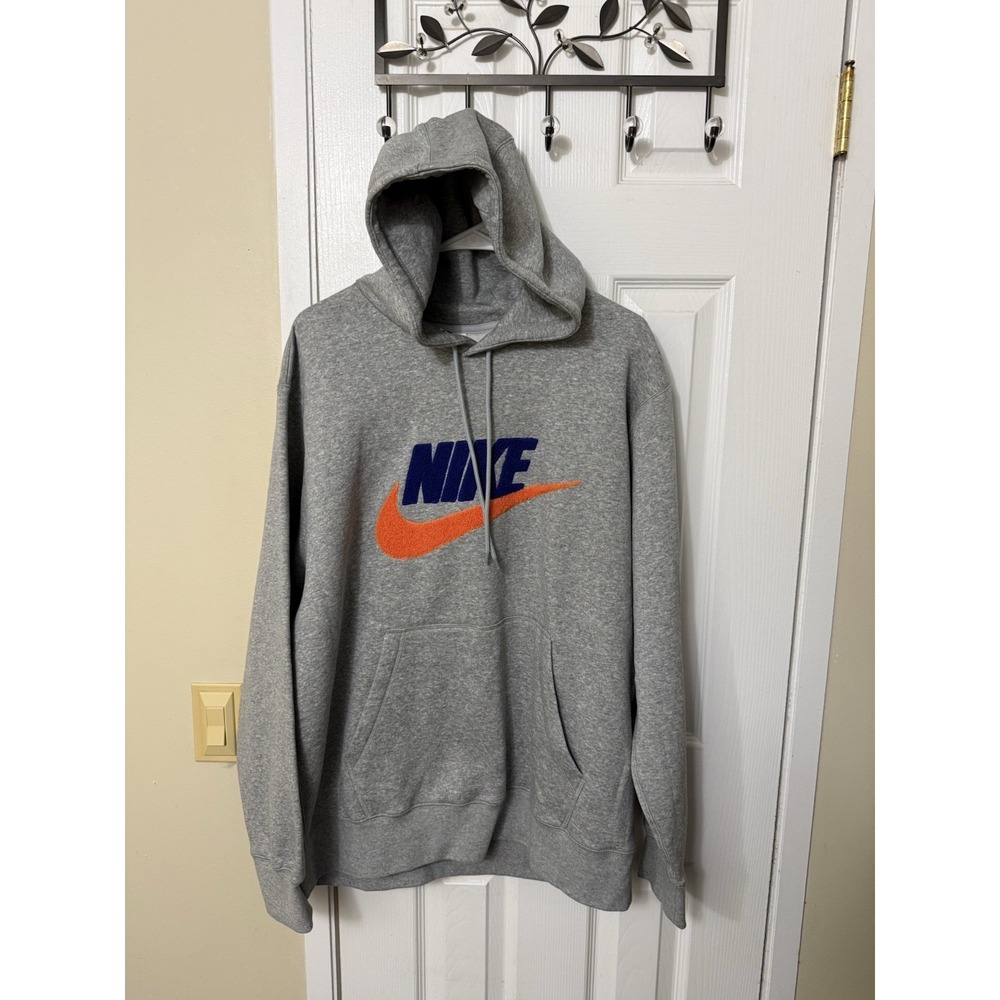 Nike Hoodie Size XL Mens Grey Orange Club Fleece Chenille Futura Pullover EUC